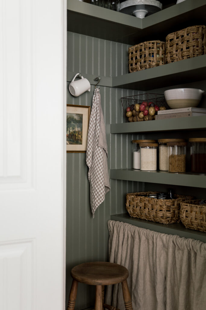 Moody green pantry design with old and new decor.