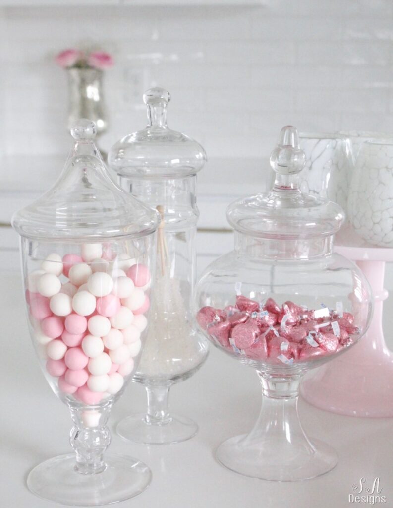 pink cookies in glass jar for valentines day decor