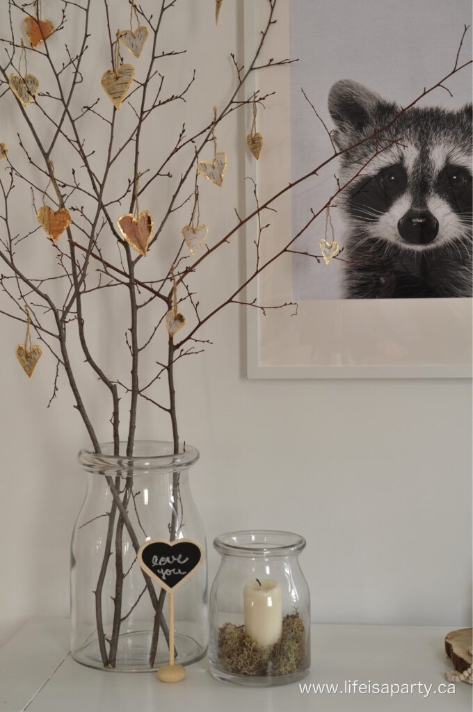 Birch hearts on branches centrepiece for valentines day decor