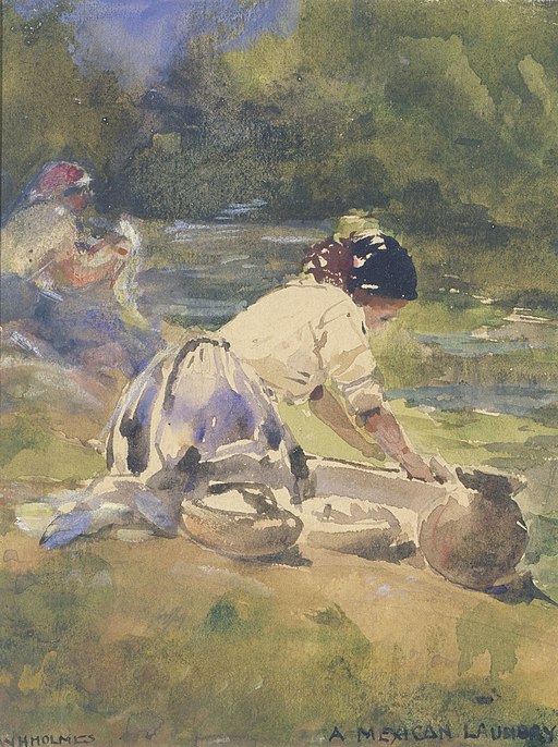 vintage painting of woman doing laundry