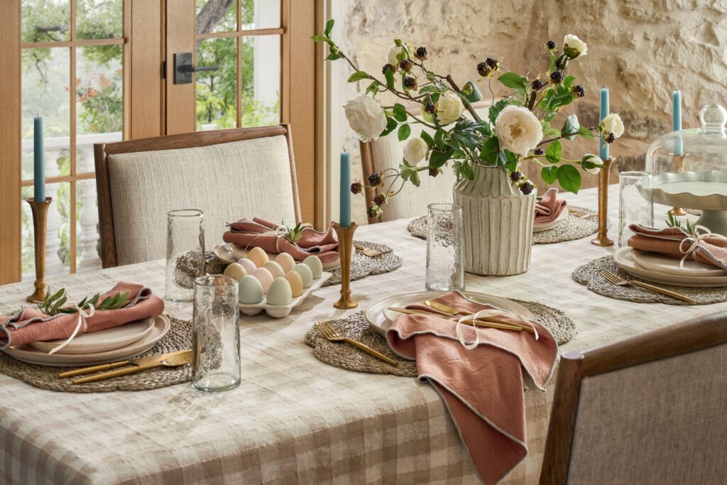 Easter table setting idea with plaid tablecloth and blush touches