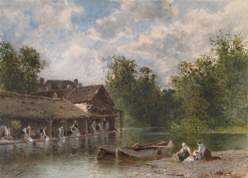vintage painting of women by the water doing laundry