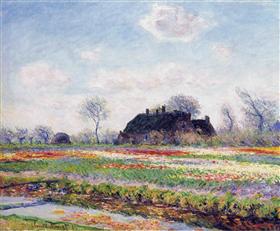 vintage painting of tulip field