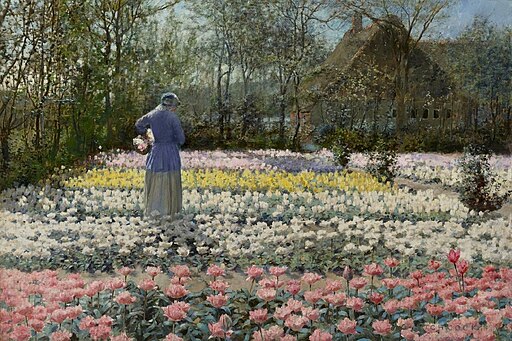 painting of women in field of flowers