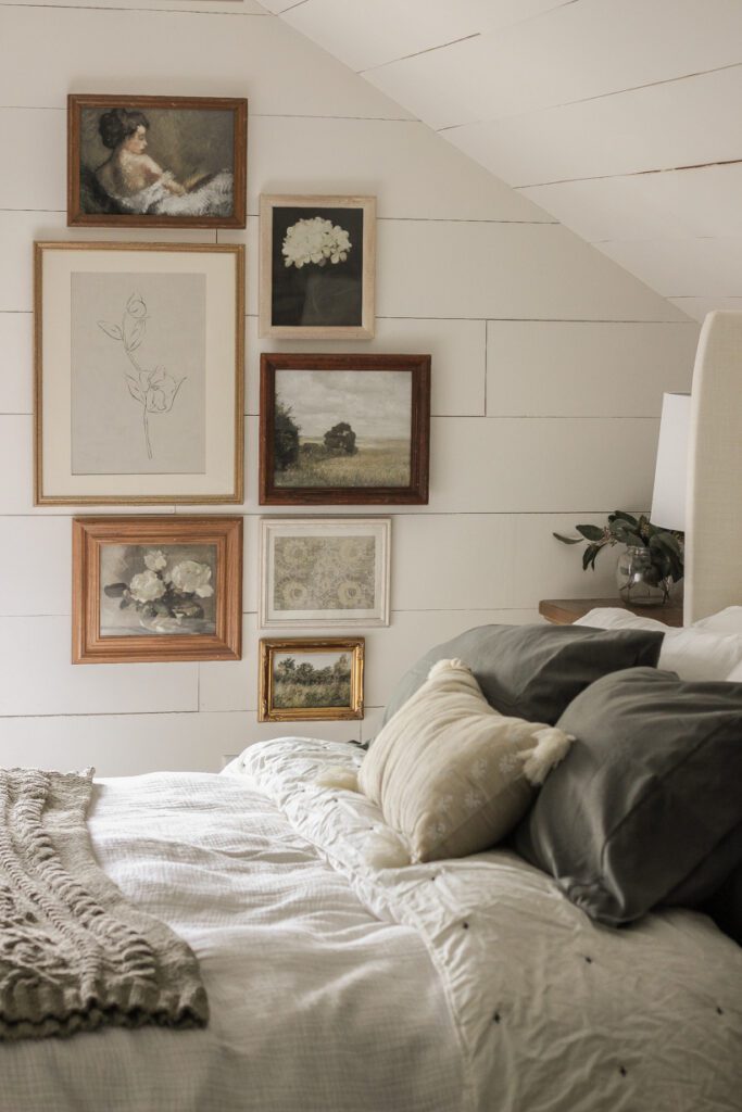 Gallery wall with vintage art prints
