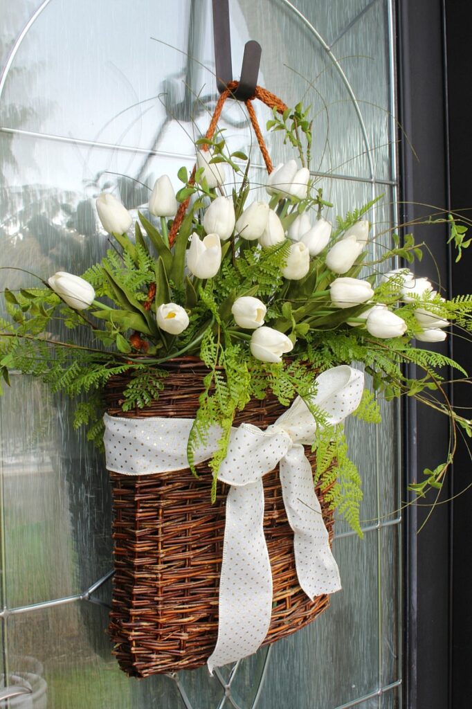 White tulips spring basket wreath on front door