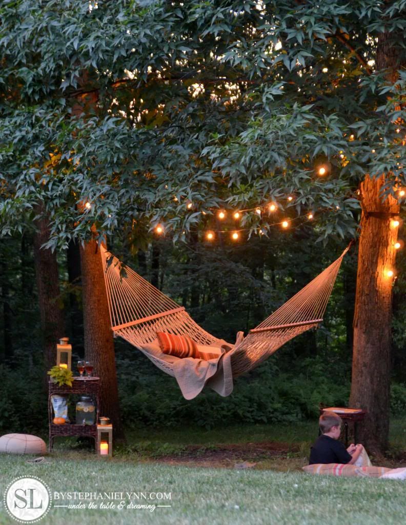 Outdoor hammock with string lights