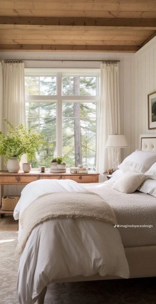 master bedroom with wooden ceiling and beams