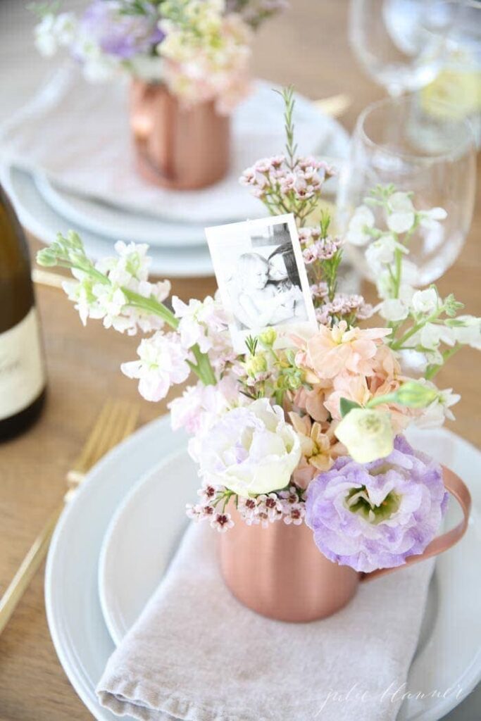 Individual centerpieces on Mother's Day table setting