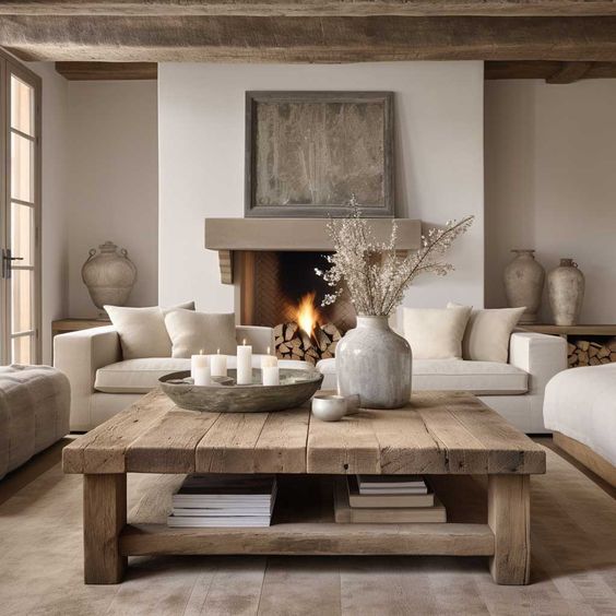 organic modern living room with big wooden coffee table