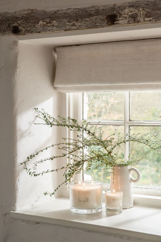 Fabric blinds in English cottage