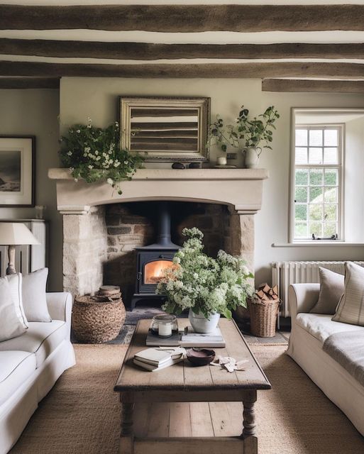 fireplace in English cottage