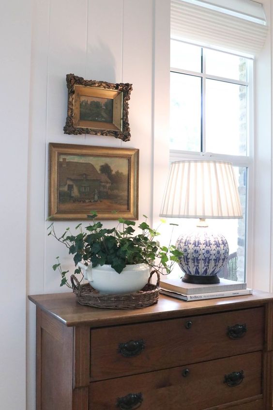 English cottage corner with vintage decor and art