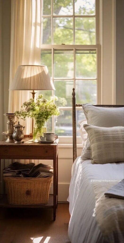 wicker basket in English cottage bedroom