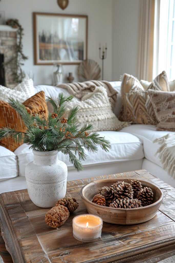 Pine cones in vase on coffee table