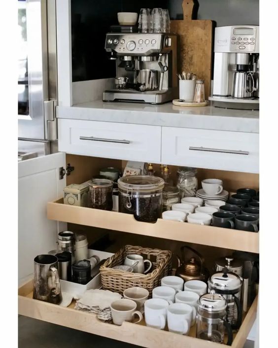 Smart storage drawers at coffee bar