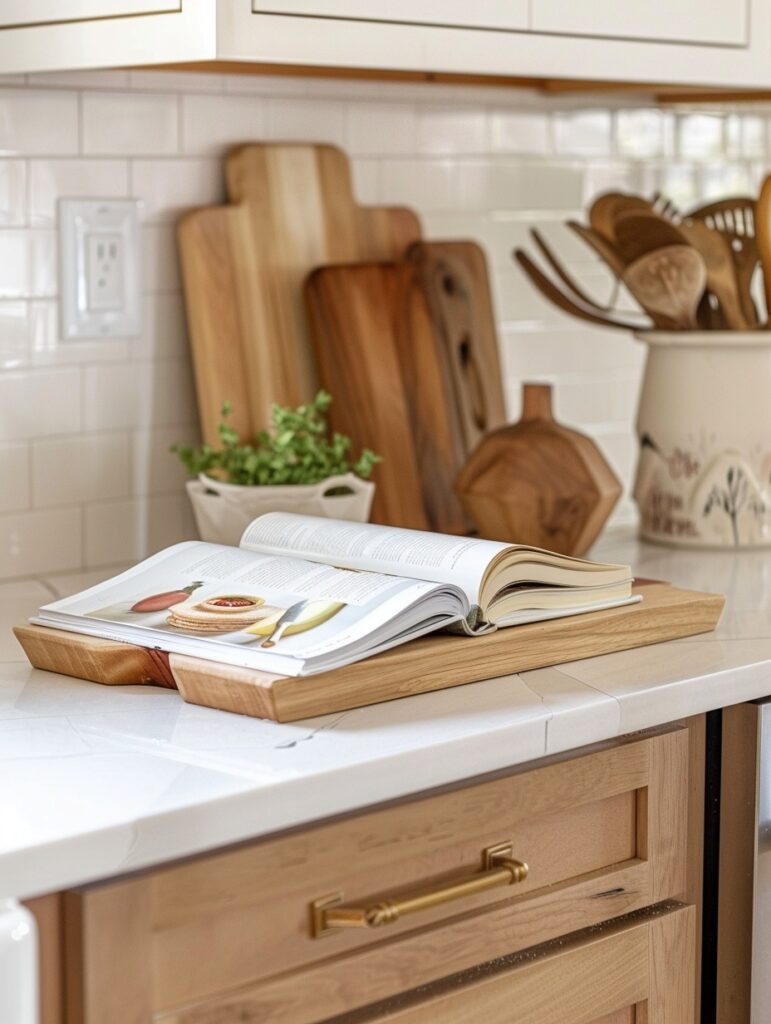 Open cookbook on kitchen counter