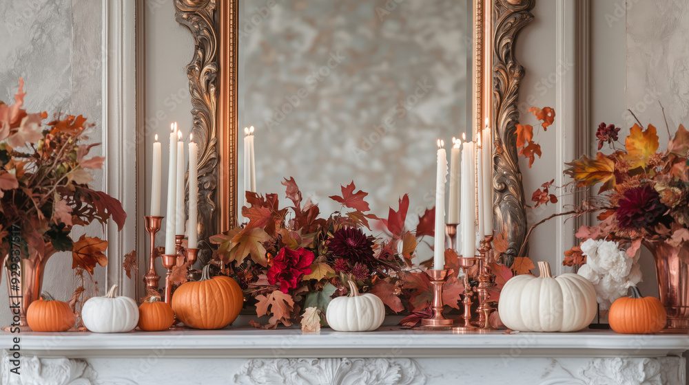 Fall mantle with pumpkins and leaves