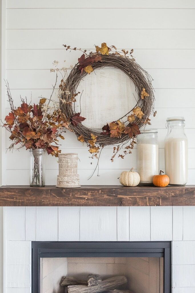 wreath over fireplace mantle